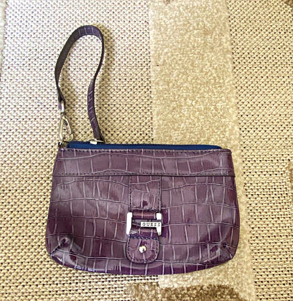 GUESS Women’s Purple Patent Croc Wristlet Zip Pouch, Silver Hardware